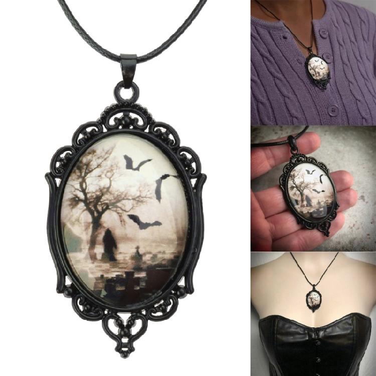 Vintage Bat Cemetery Glass Pendant Necklace Clavicle Chain Halloween Jewelry