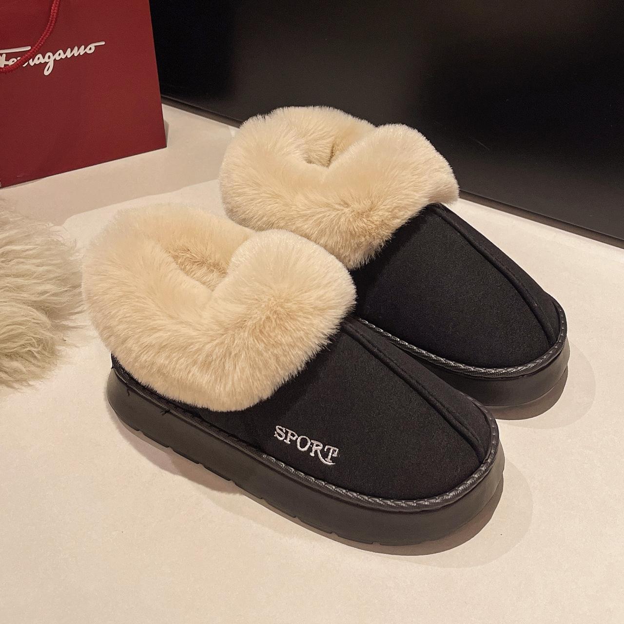 

Большого размера новые домашние хлопковые туфли зимние бархатные утолщенные теплые толстая подошва нескользящие пушистые для улицы хлопковые туфли зимние ботинки 44-45 чёрный