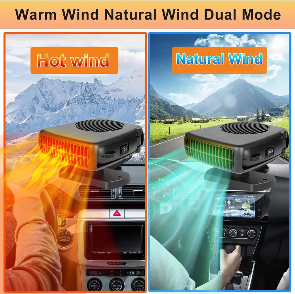 12V 200W Portable Car Heater with 360° Rotation, Dual Heating & Cooling Fan for Vehicle Windshield Defroster