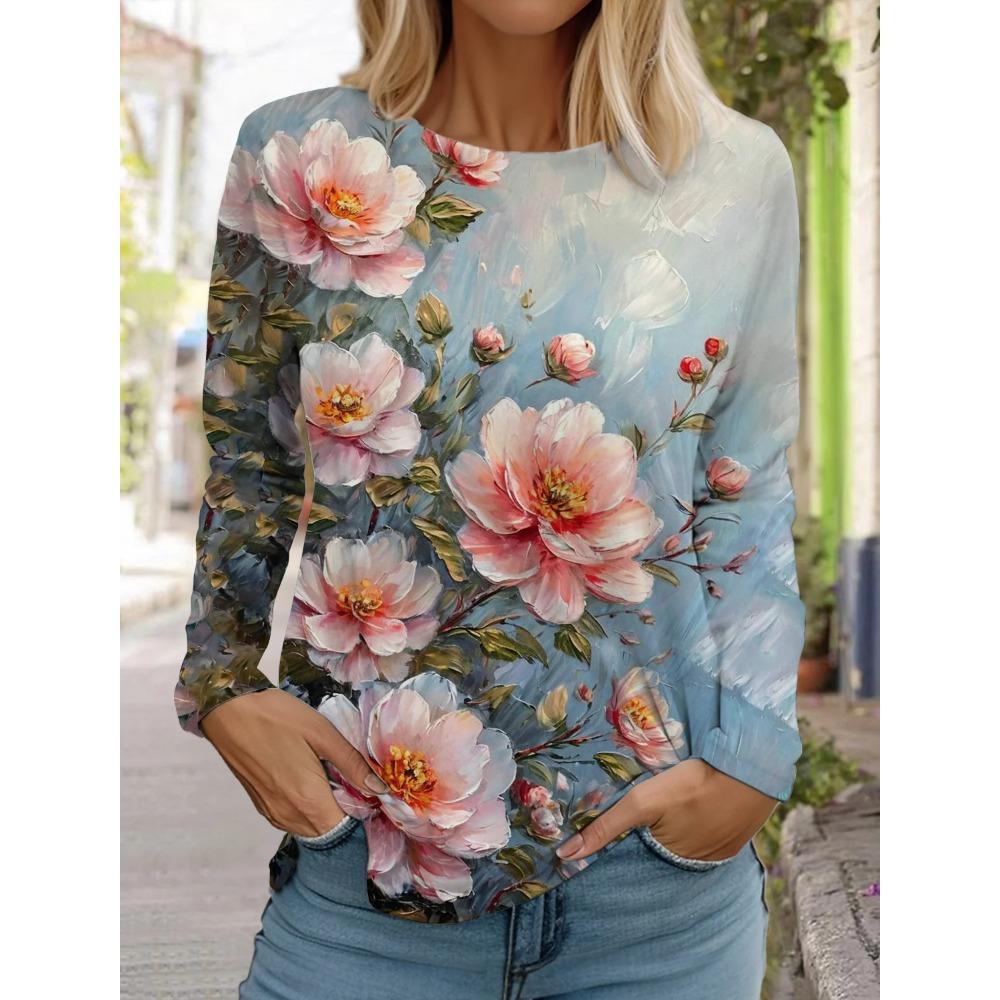 Women's 3d Printed Flower T-shirt Fashion Long-sleeved Round Neck Regular Tops Holiday Weekend Spring Autumn T-Shirt
