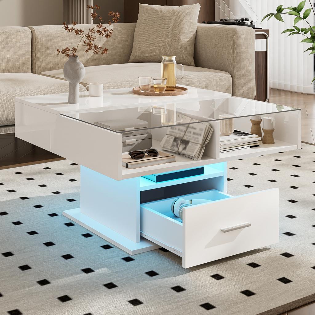 Multifunctional High-Gloss Lift Coffee Table with LED Lighting, Adjustable Height & Flexible Storage for Living Room, Office & Small Apartments