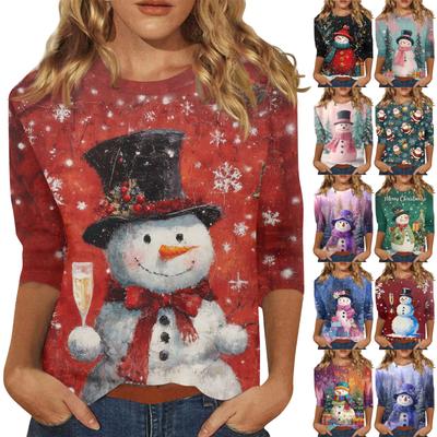 3/4 Sleeve Shirts For Women Print Christmas Tees Blouses Casual Plus Size Basic Tops Pullover