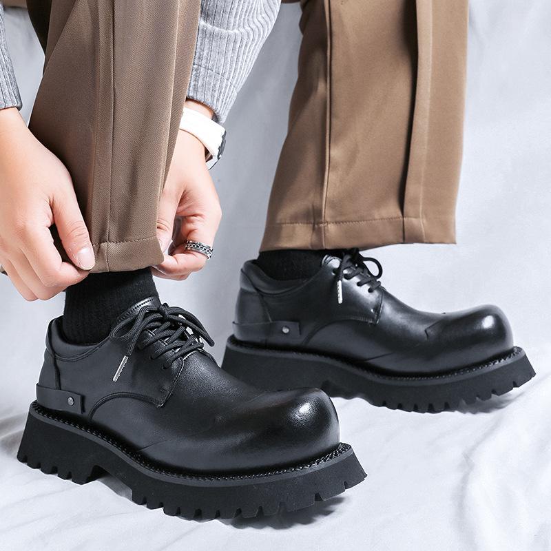 Derby shoes men's black thick-soled upturned leather shoes commuting couple big-headed shoes women's inner height-increasing casual shoes 66689-Z