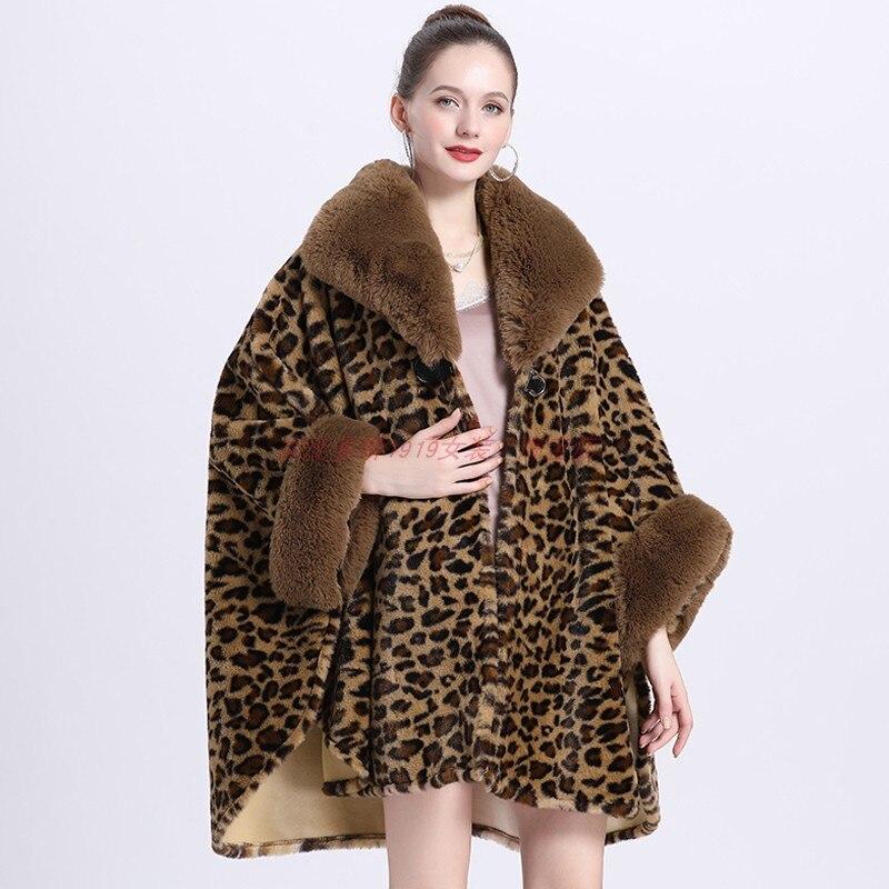 

Женский большой маятниковый кардиган, плащ, зимнее толстое пальто из искусственного меха с треугольным вырезом и рукавами «летучая мышь», длинная теплая накидка-пончо с леопардовым принтом One Size