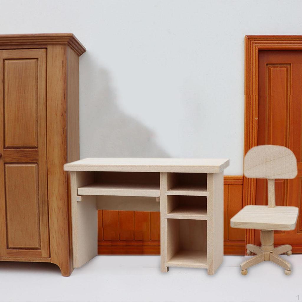 Dollhouse Furniture 1/12 Mini Office Desk and Chair Ornaments Scene Children Toy Modern Handmade