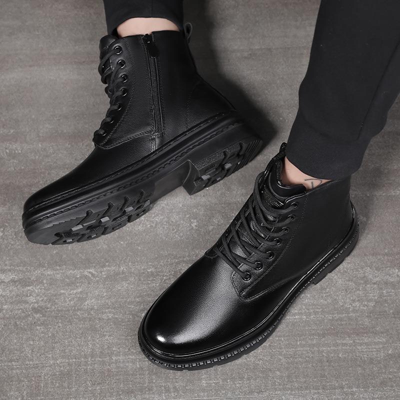Men's Genuine Leather Boots Fashion Motorcycle Ankle Boot 2025 New High Top Casual Boots for Men Plush Warm Winter Boots for Men
