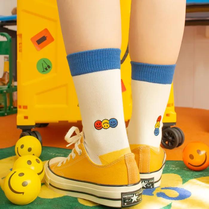 3-Color Smile Embroidered Socks - White and Yellow
