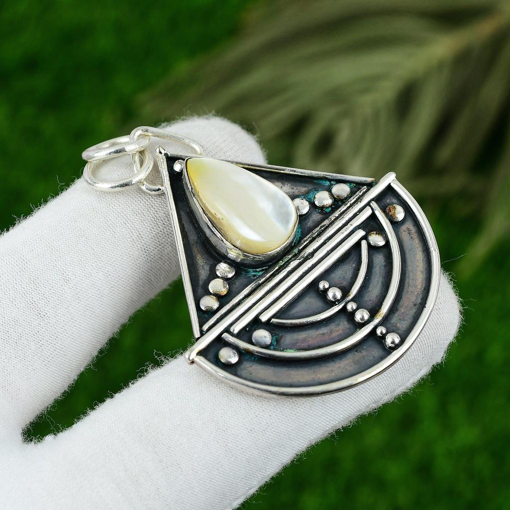 June Mother Of Pearl Stone Art Deco Bezel Birthday Engagement Pendant 925 Silver