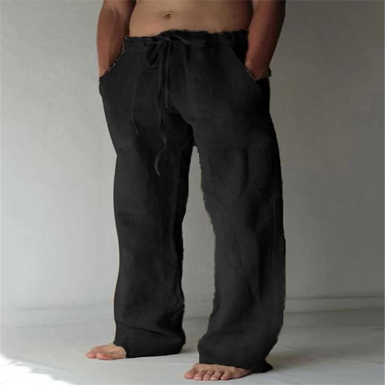 Men's Casual Trousers New Solid Colour Jogging Trousers Cotton Linen Loose Casual Drawstring Multi-pocket Trousers