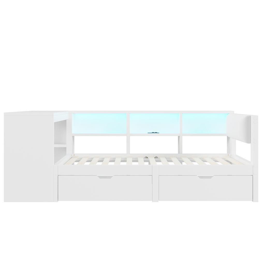90x200 Wood Platform Bed with Shelves, Drawers, Charging Station and Upholstered Headboard, With Colorful LED Lights, White