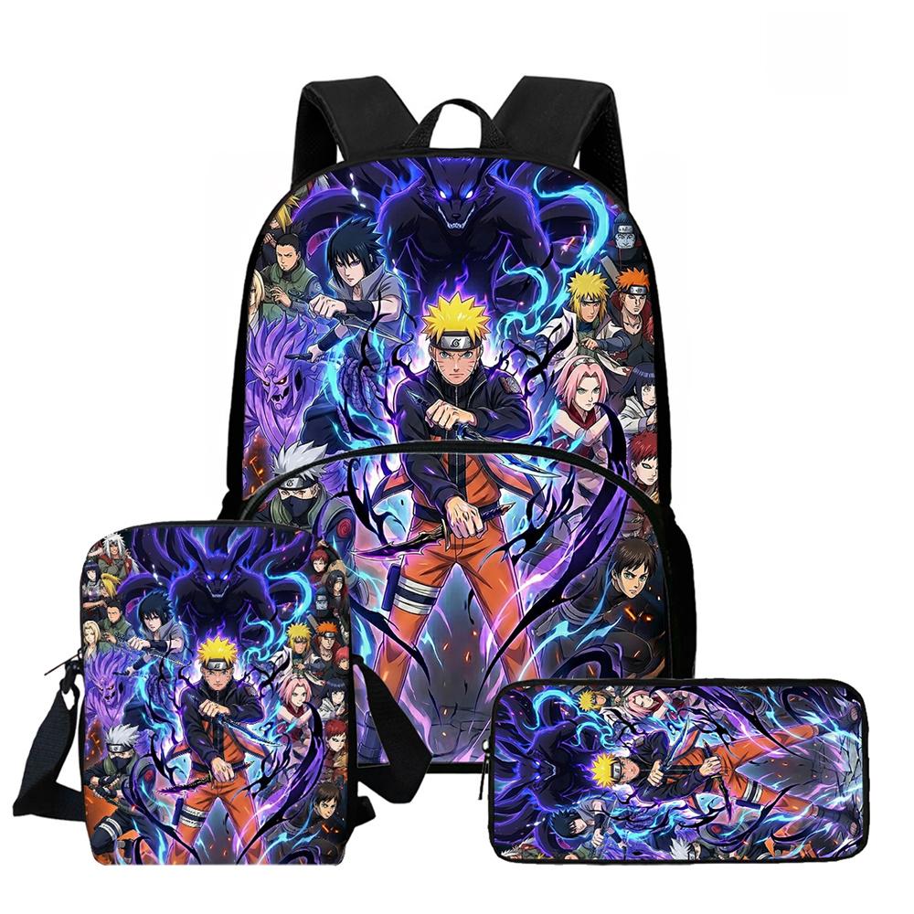 3Pcs Set School Backpack with Front Pocket, Crossbody Bag & Pencil Bag, Cartoon NARUTO, Lightweight for Boys & Girls Ages 6-10