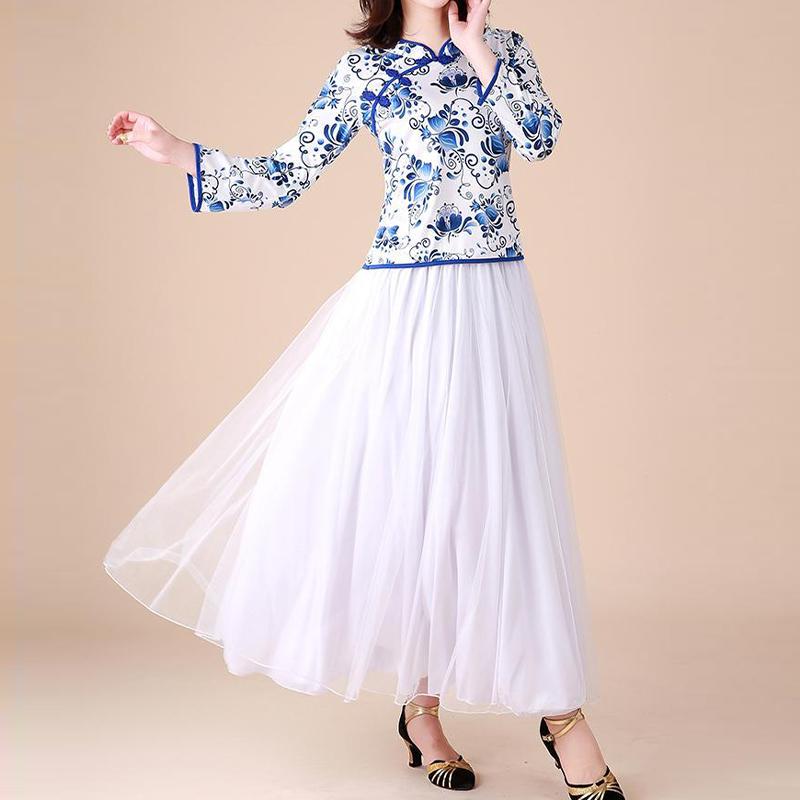 

Синий и белый фарфоровый этнический стиль длинный рукав костюм групповой костюм женский комплект из двух предметов женские повседневные наряды XXXXXL синий