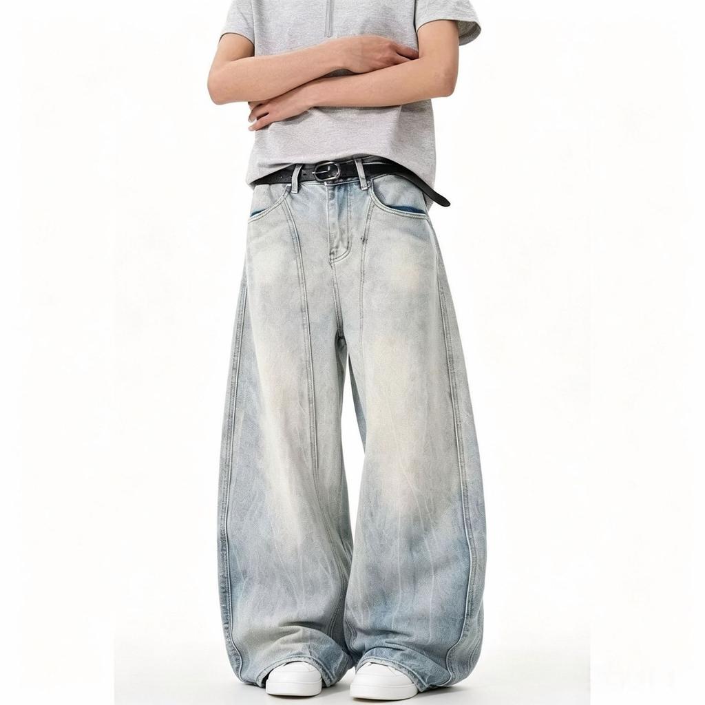 American Retro Washed Scimitar Wide-leg Jeans Men's Trendy Brand Loose Straight Casual Mopping Long Pants