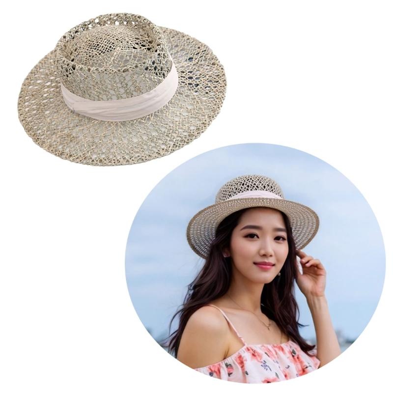 Woven Straw Hat Beach Sun Hat Hollows Out Sunhat Stylish Wide Border Hat for Casual Outings