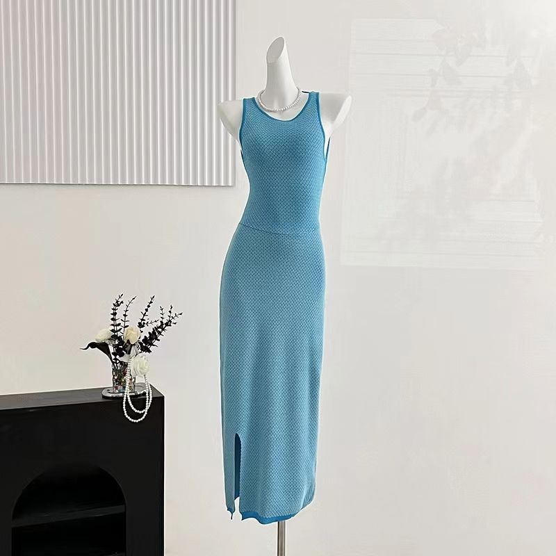 

Fashion Wind Summer New Sexy Backless Waist Trimming Hip Knitwear Dress Sexy Backless Dress Lake Blue One size