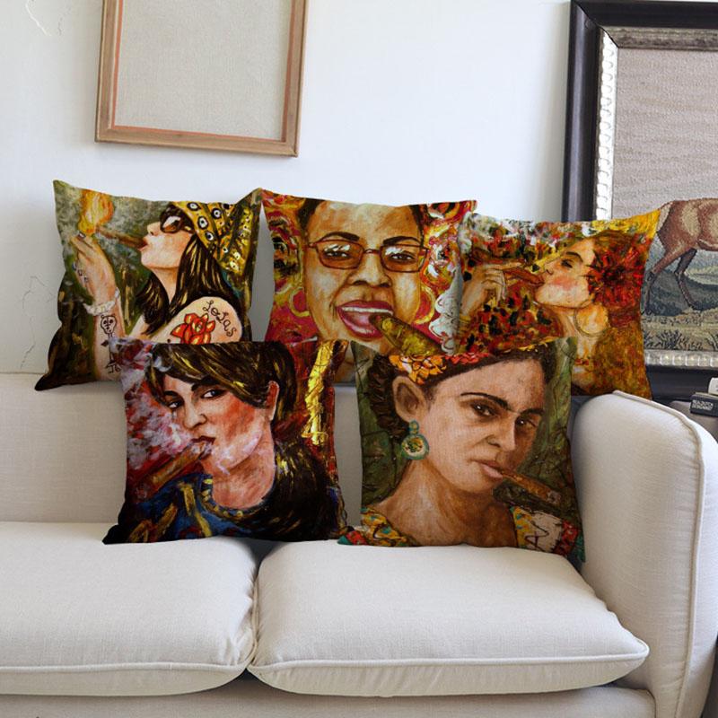 Monika Chen Unisex Vintage Oil Painting Cushion Cover Woman Smoking Cigar Daily Life Self Portrait Cotton Linen Decoration Pillow Case Cojines