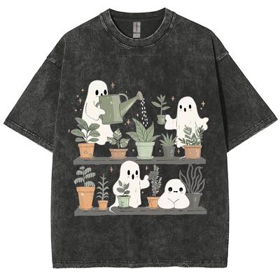 Cartoon Niedlicher Geist Print Damen T-Shirt Locker Waschung Mode Kurzarm Sommer Bequem Niedlich Lustig Stil Top