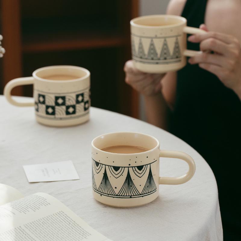 Creative Underglaze Colored Ceramic Cup Retro Mug High Value Water Cup Couple Coffee Cup Breakfast Cup Large Capacity Cup