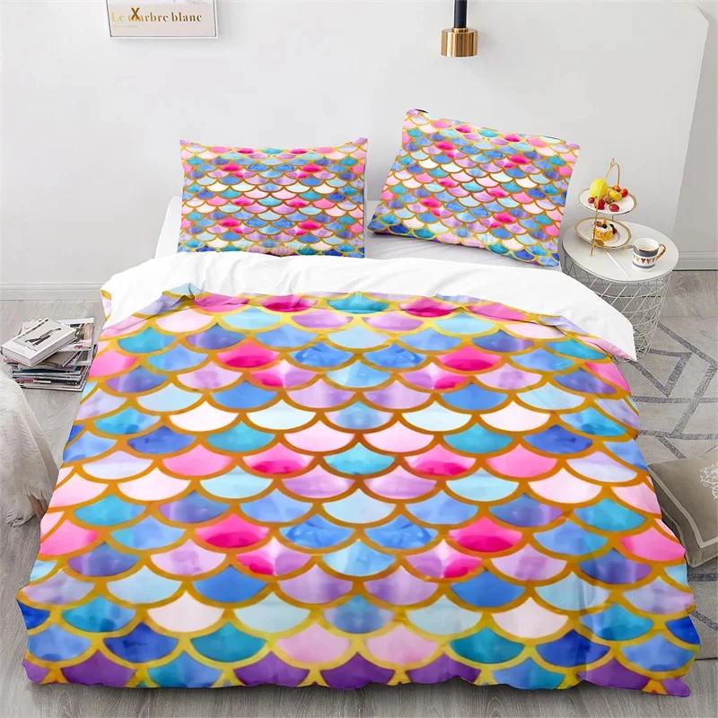 Colorful Fish Scales Bedding Set Twin King For Boys Girl Blue Pink Mermaid Skin Surface Print Duvet Cover Polyester Quilt Cover