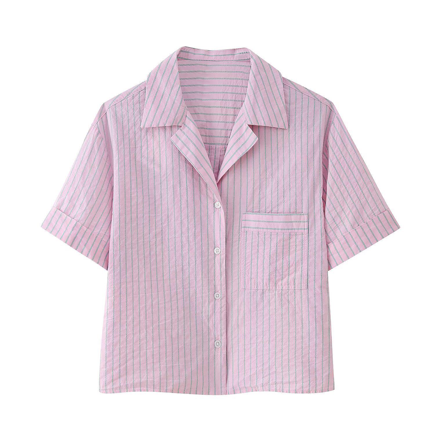 

Весна 2025 Женский комплект полосатой рубашки и повседневных шорт - Европейский и американский стиль XS