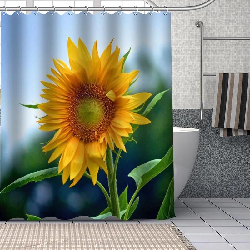 Frische Natur Sonnenblumen Kunstmuster Duschvorhang Badezimmer Dekoration Wasserdicht Polyestergewebe Badewannen-Bildschirm Mit Haken