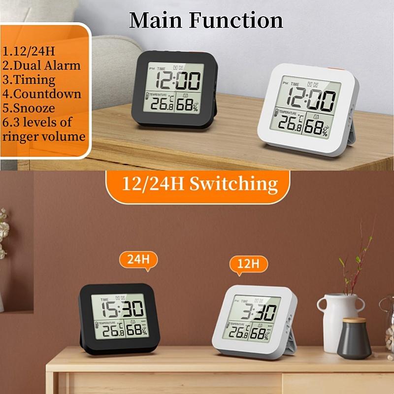Mini Digital Alarm Clock TEMP Humidity Dual Alarm Timing Countdown Backlight Snooze Table Clock 12/24H Battery Powered LCD Clock