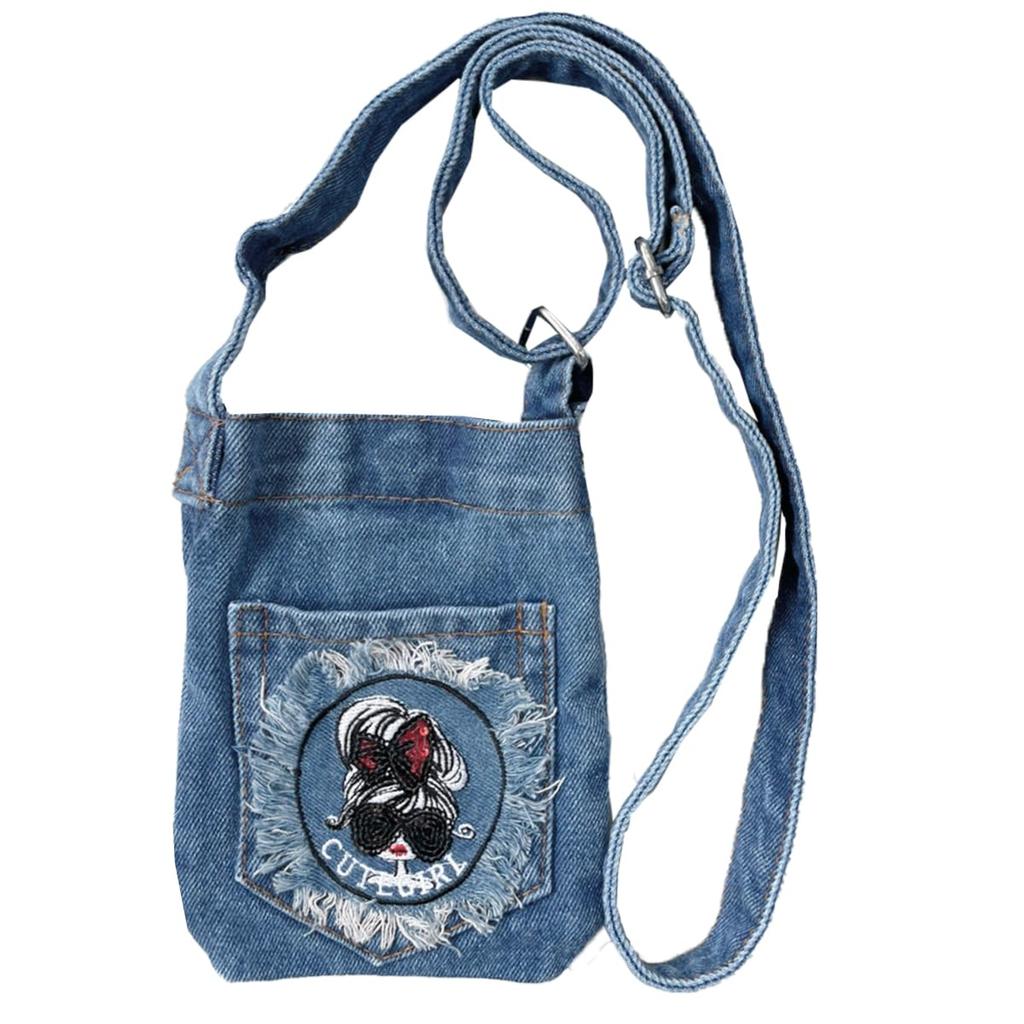 DIVA Rose Women's Denim Smartphone Pouch Shoulder Bag, Crossbody Bag, Vertical Style, Girl's Smartphone Pouch (Light Blue)