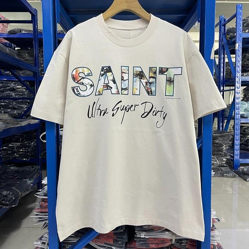 

Light Color Saint Cross Medal Print Oversized T Shirt High Street Casual Men Women Fashion TU PAC Summer Cotton Tops S