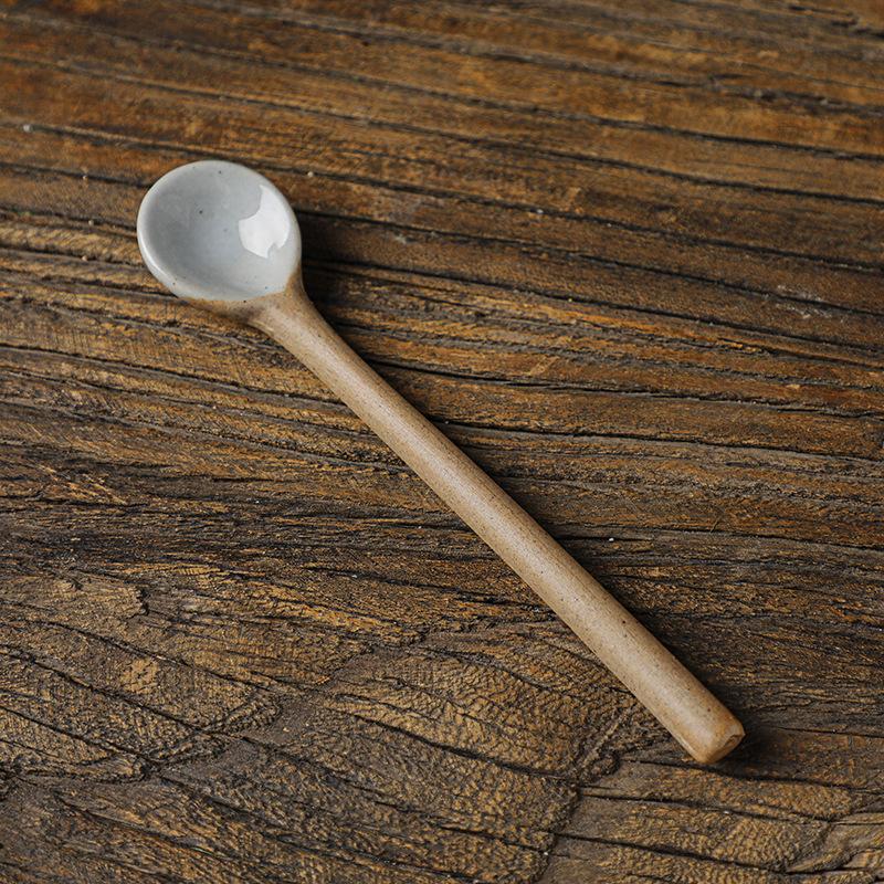 Coarse pottery coffee spoon retro Japanese handmade ceramic long handle stirring spoon spoon household creative exquisite small spoon