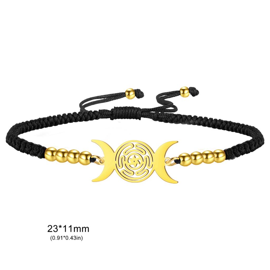 Triple Moon Goddess Bracelet Adjustable Black Rope Wiccan Pagan Jewelry Gift for Women Hecate Wheel