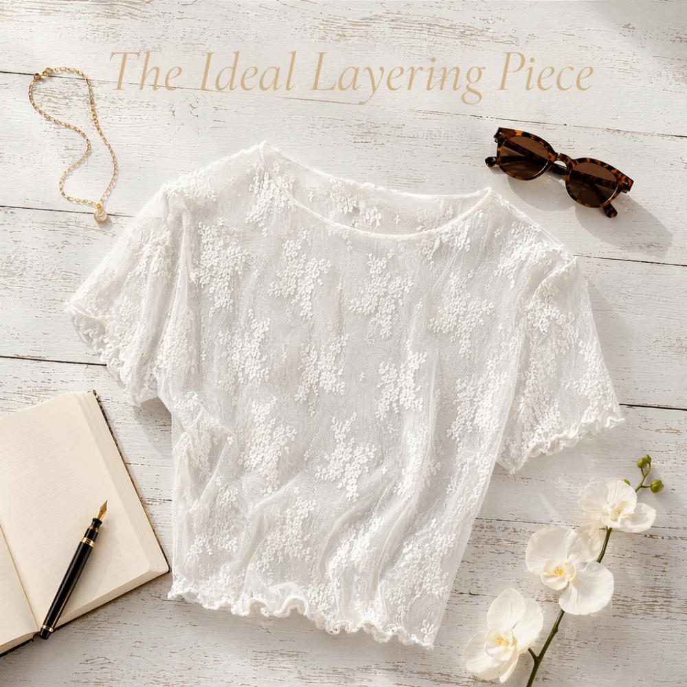 Nylon Sheer Mesh Blouse Short Sleeve Hollow Out Layering Tee Cool Sling Dress Cover Up  Women