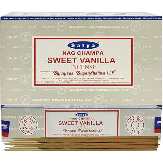 

Ароматические палочки Satya Nag Champa Sweet Vanilla Agarbatti, коробка 180 грамм | 12 упаковок по 15 грамм в коробке | Экспортное качество коричневый