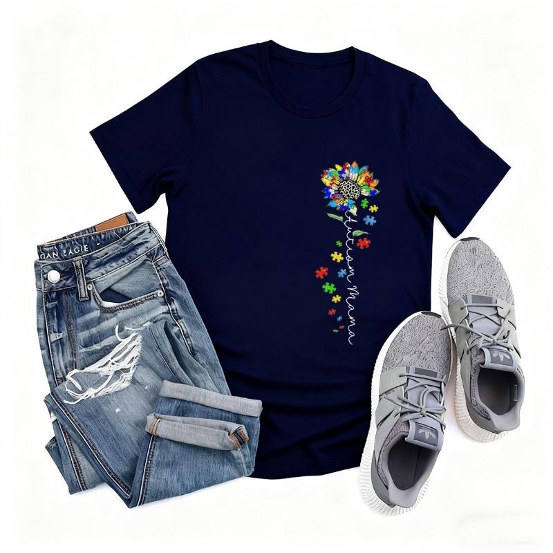 Autism Mama Sunflower Shirt Neurodiversity Awareness Crew Neck Short Sleeve Cotton Top All Seasons Casual Fashion Comfortable