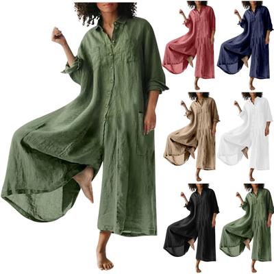 Damesmode losse casual effen kleur 3/4 mouw V-hals knop temperament jumpsuit