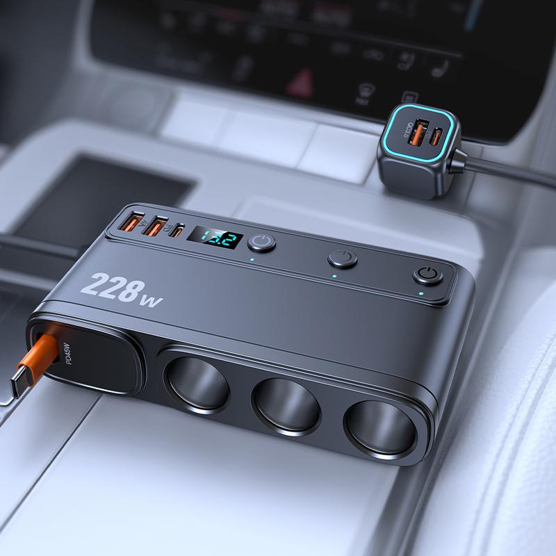 SEAMETAL 9 IN 1 228W USB C Car Charger Adapter QC3.0 With PD45W Telescopic Cable LED Voltage Display 12V/24V