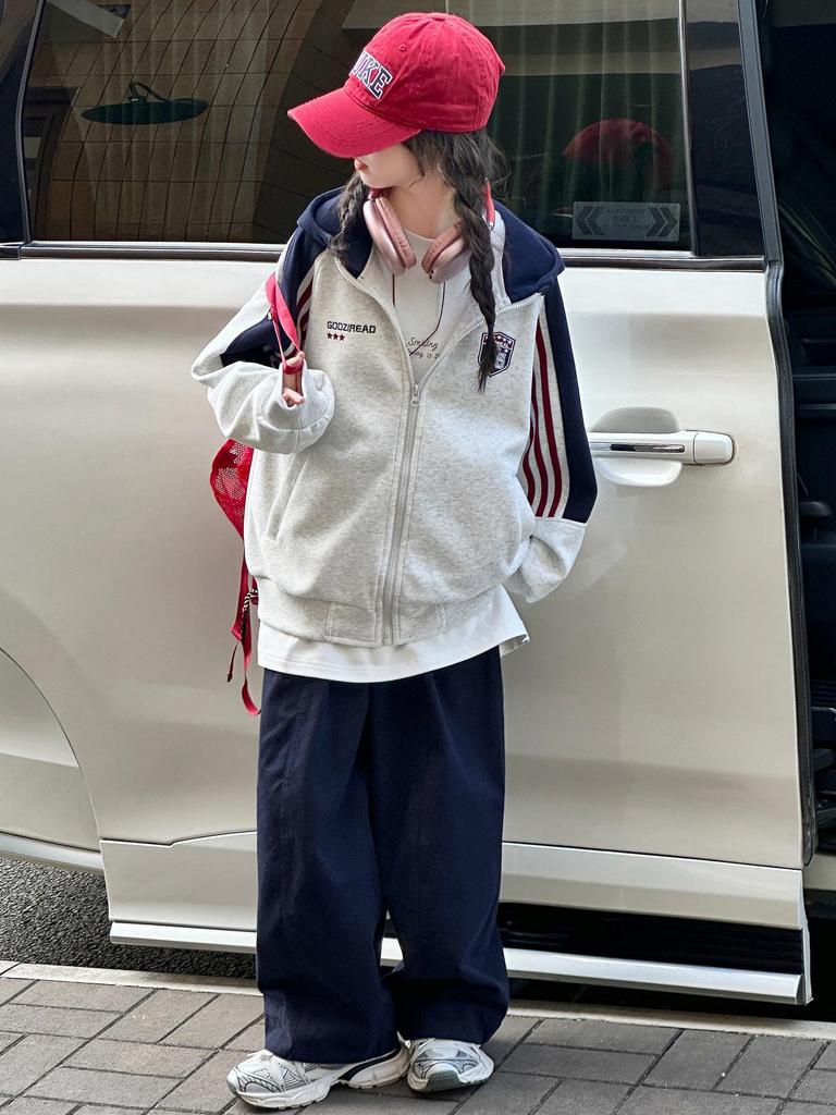 Girls' Striped Color Block Stand Collar Hoodie Cardigan - Casual Loose Fit Spring/Autumn Jacket
