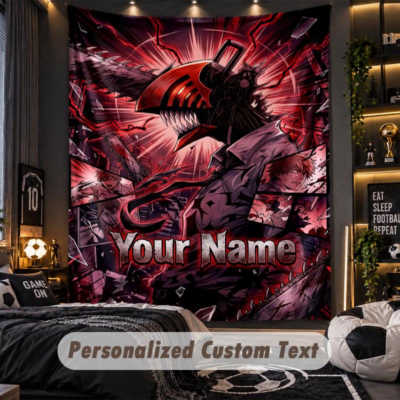 Personalized Wall Tapestry,Chainsaw Man Custom Printed Name, Fabric Wall Art For Indoor Room Backdrop