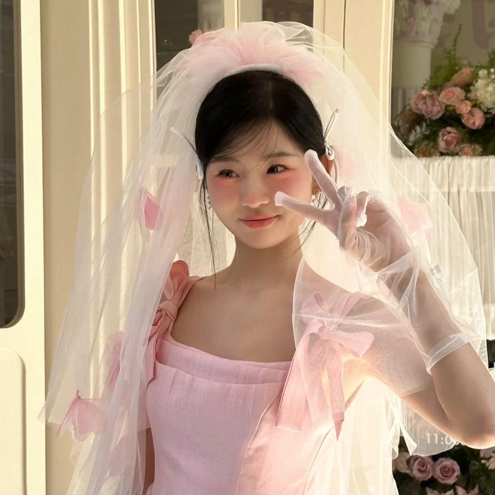 Soft Wedding Veils Pink Flower Bride Head Gauze Elegant Bridal Veil  Wedding Accessories