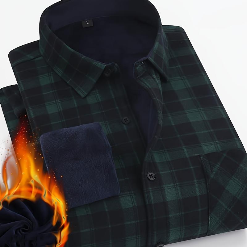 Men's Warm Fleece-Lined Plaid Shirt - Long Sleeve, Button-Up with Chest Pockets, Cozy Thermal Inner Lining for Winter & Fall