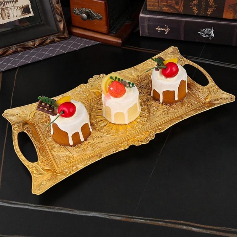 Exquisite European Metal Tray With Ear Flat Rectangular Plate Palace Golden Peacock Design For Home Decor