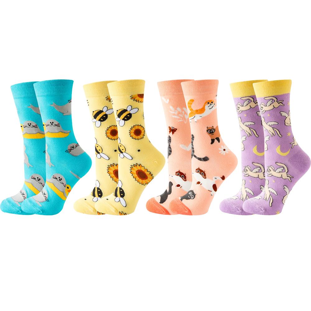 4 Pairs New Fashion Colorful Funny Happy Casual Women Socks Dress Harajuku Cute Cartoon Cat Dog Lemon Donut Girl Cotton Socks