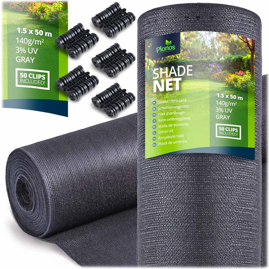 Shade net 1.5x50m 140g/m2 + 50 clamps gray