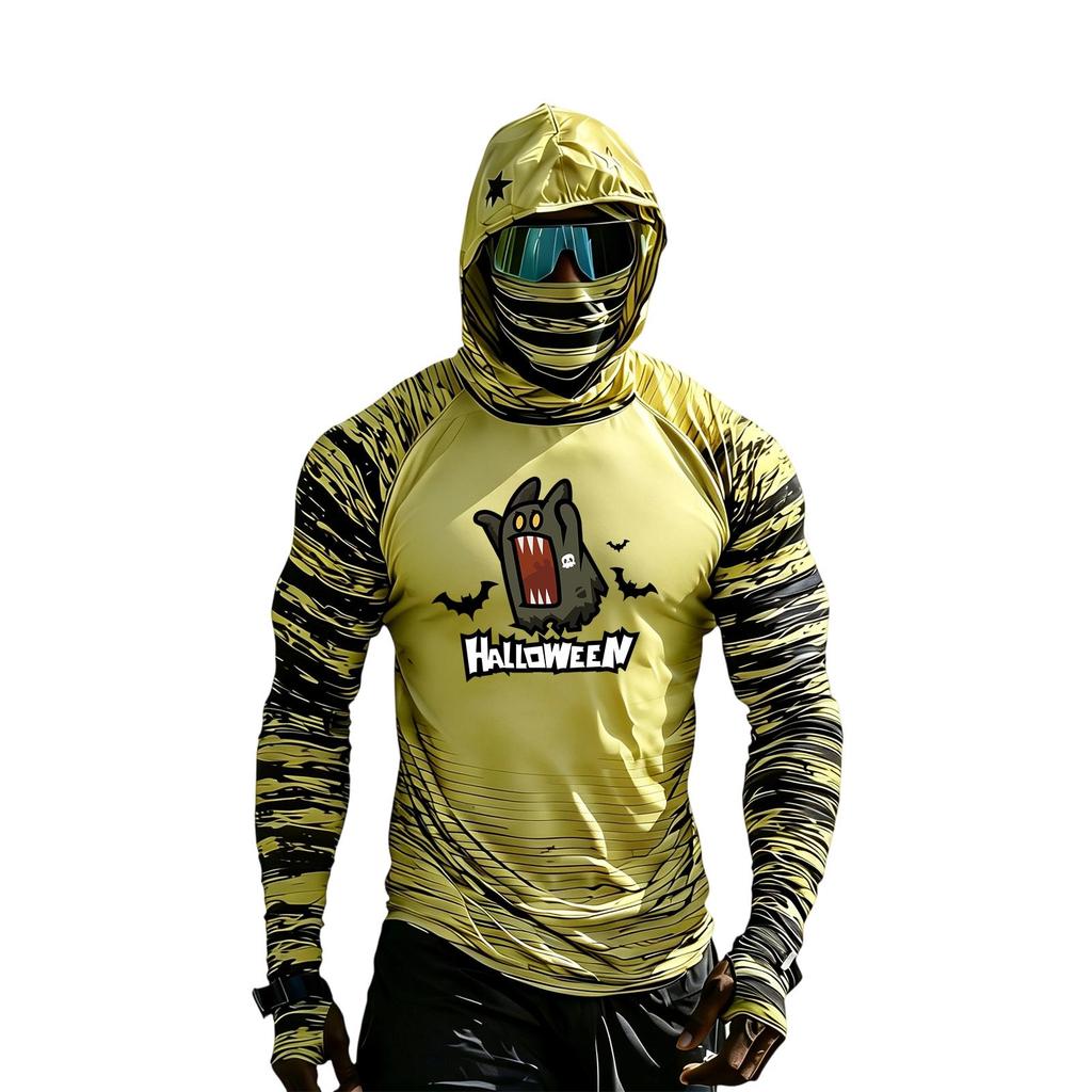 Men's Casual Hooded Long Sleeve Raglan Color-Block Sun Top with Halloween Print (Without Glasses)