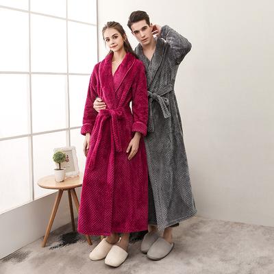 Plus Size Men's Autumn Winter Bathrobe Couple's Thickened Long Robe Solid Waist-tie Loungewear with Pockets