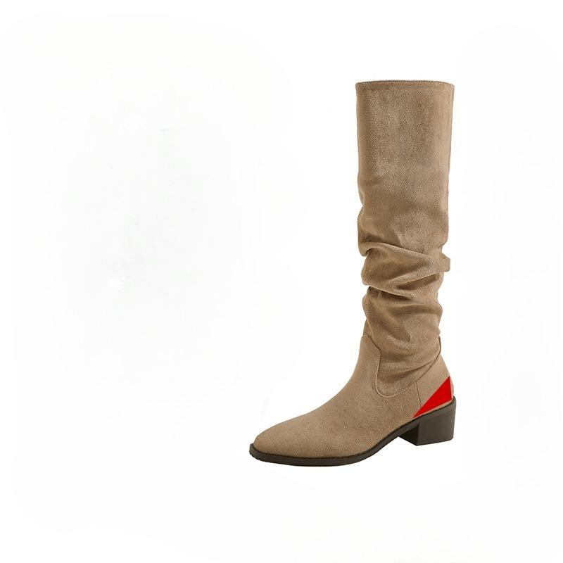 Neue Damen Herbst- und Winterschuhe mit dickem Absatz, High-Top Retro Schlankmachende Plissierte Stiefel