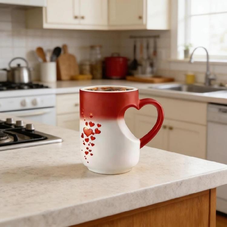 Stylish Ceramic Drinking Cup With Lovely Heart Handle And Fade Resistant Print Color Changing Coffee Mug
