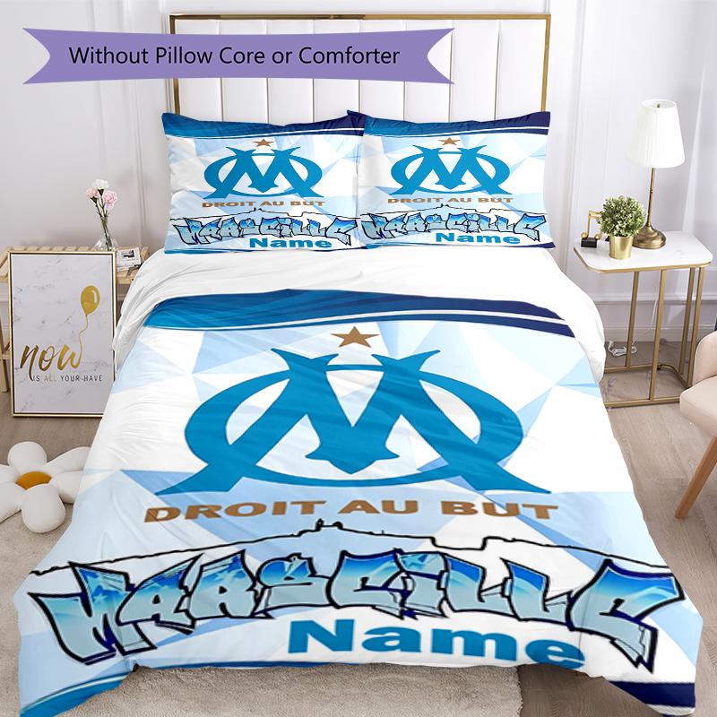 3pcs Custom Name Olympique De Marseille Bedding Set Duvet Cover Closure Includes 1 Duvet Cover & 2 Pillowcases, Soft and Comfortable for All Seasons.