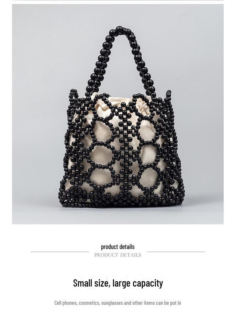 ENSPT Damen Sommer Cross-Border Holzperlen Handtasche, Nischendesign, Vielseitig für den Arbeitsweg, Handgewebt