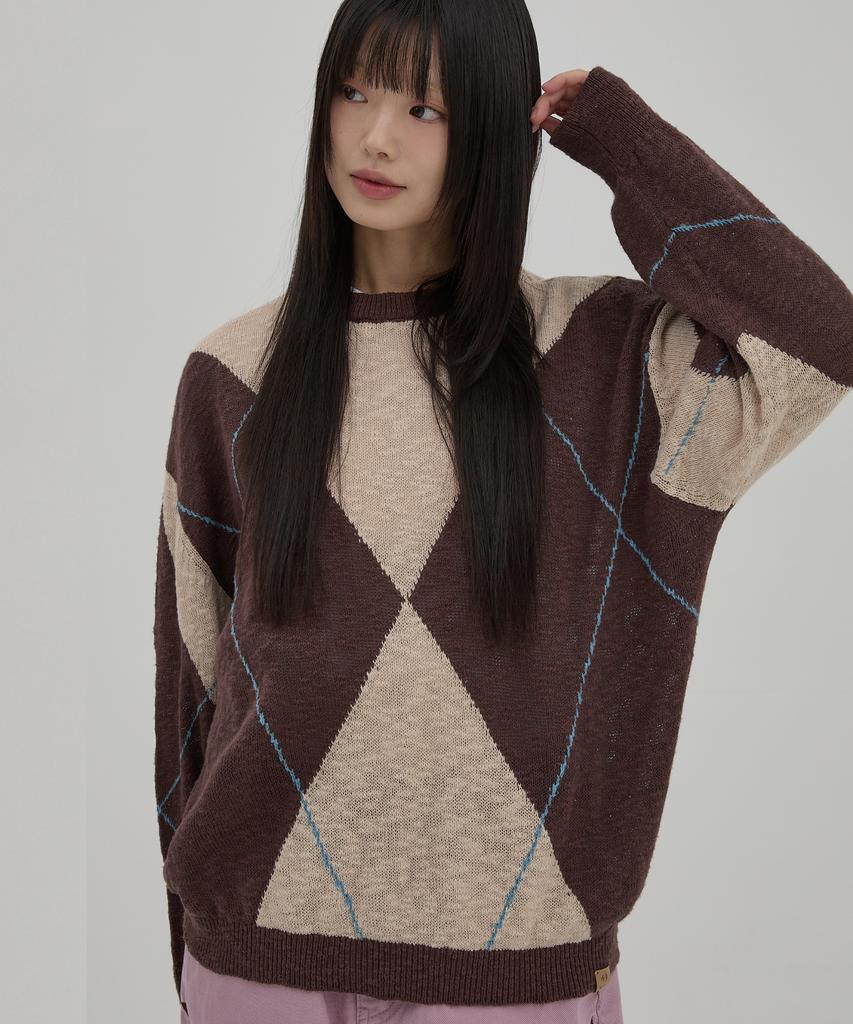 WAIKEI Big Argyle Boucle Knit Beige