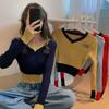 Women's V-neck Sweater Spring Autumn Long-sleeved Knitted Cropped Top Sweater Color-block Pullover Jumper